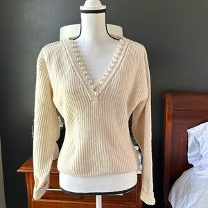 H&M Ivory V Neck Sweater with Pearl Beads H & M  - Sz M